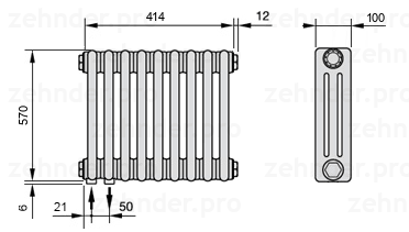 Схема (чертеж) Радиатор Zehnder Charleston 3057/9 №3370 Technoline TL